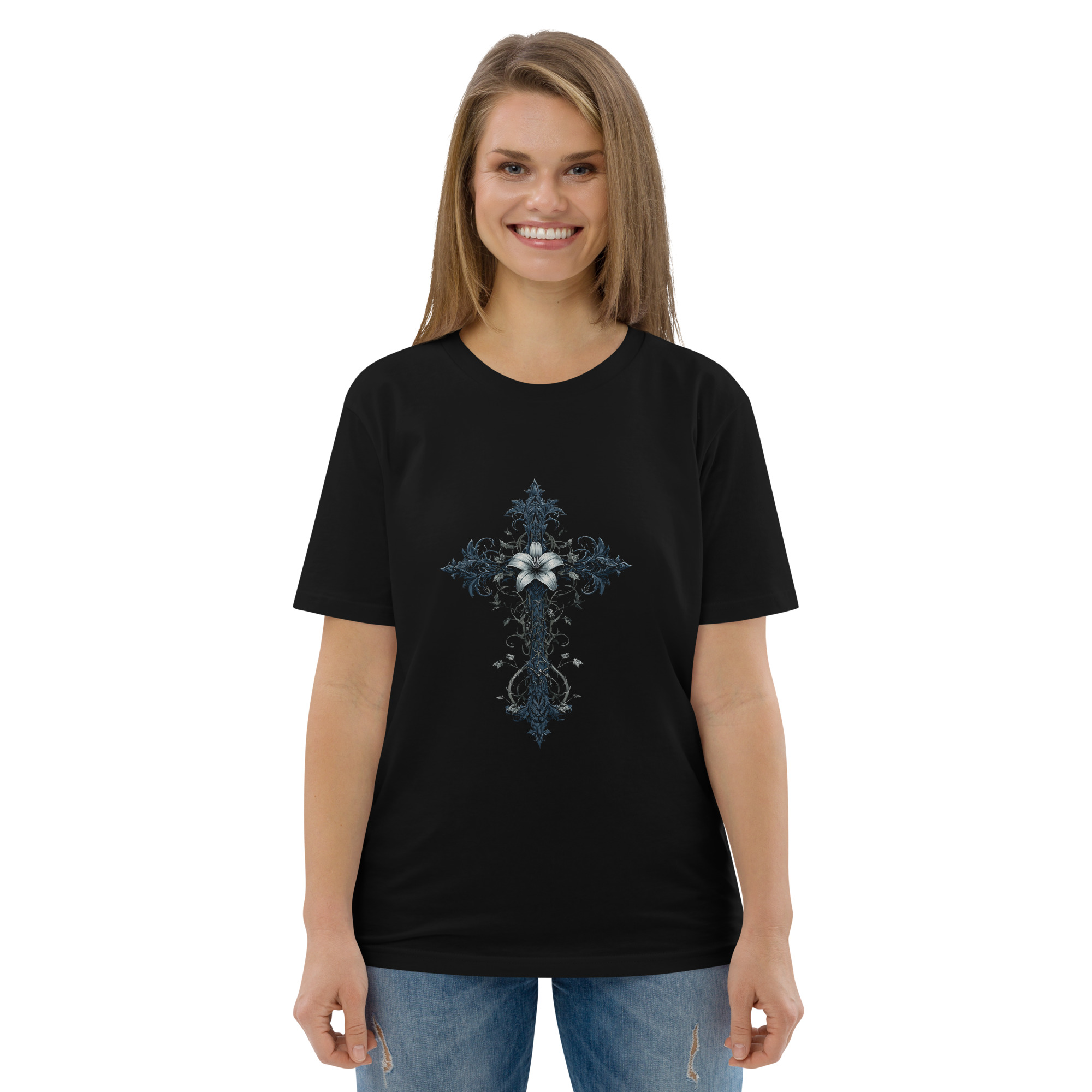 Cross of Blue Flowers Tee - Image 5